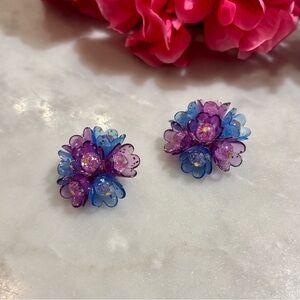 Vintage Floral Blue and Purple Lucite Clip On Earrings